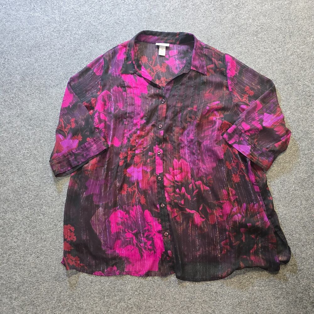 Catherines Top Womens Size 2X Pink Floral Sheer Lined Shimmer Button Up Casual